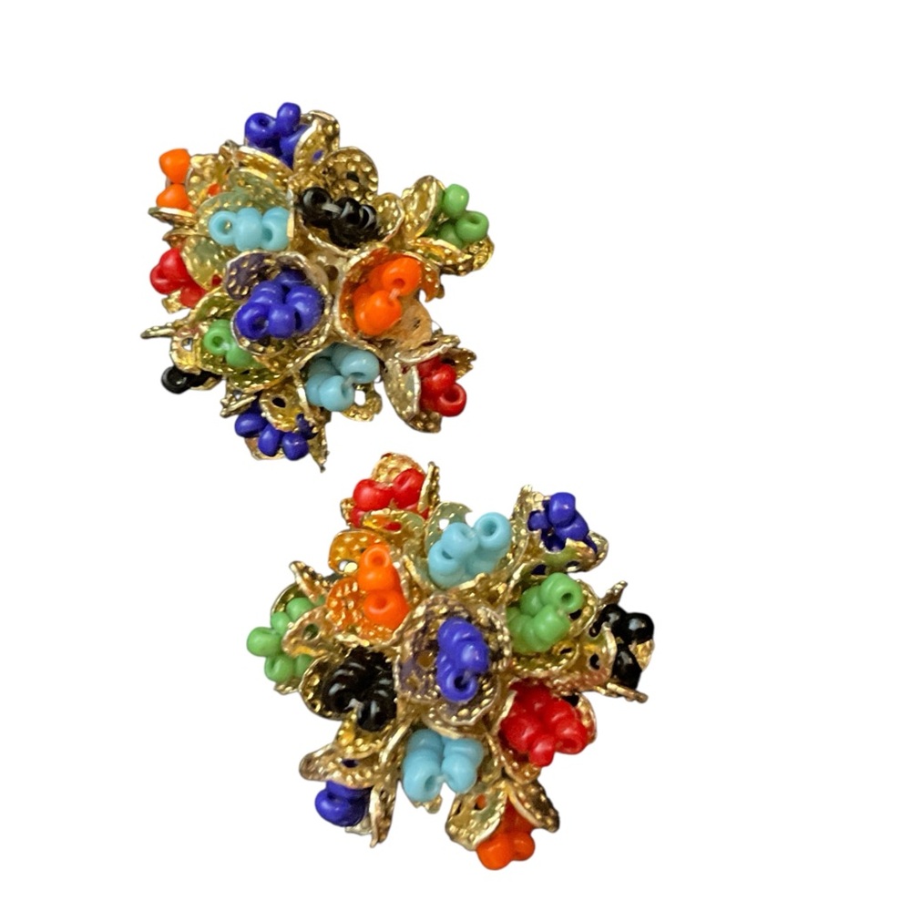 Vintage Hong Kong Signed Colorful Beaded Cluster Clip-on Earrings